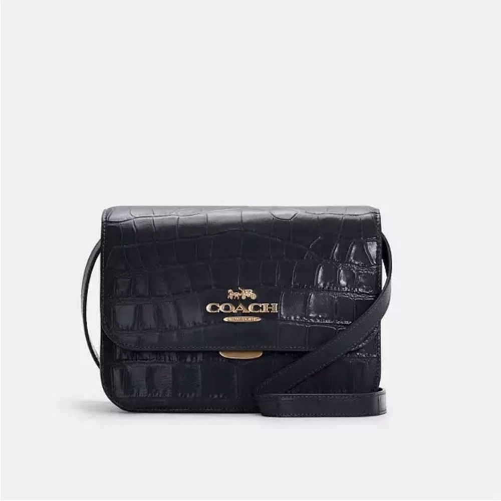 Coach Brynn Flap Nacy Blue Croc-Embossed Leather Crossbody with Gold Hardware